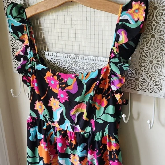 Tropical Floral Pink and Orange Sleeveless Sundress‎ Midi Ruffled sz L - Picture 3 of 13